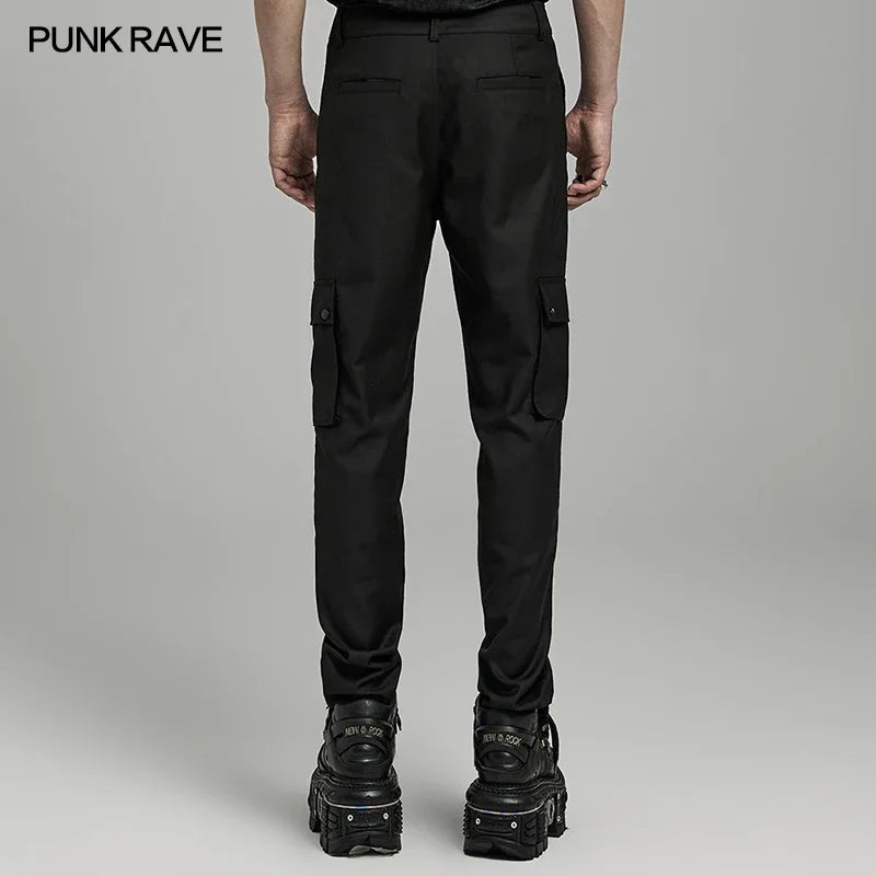 PUNK RAVE Men's Punk Minimalist Cargo Trousers with Pockets Simple Slim Streetwear Cool Pants Men Clothing