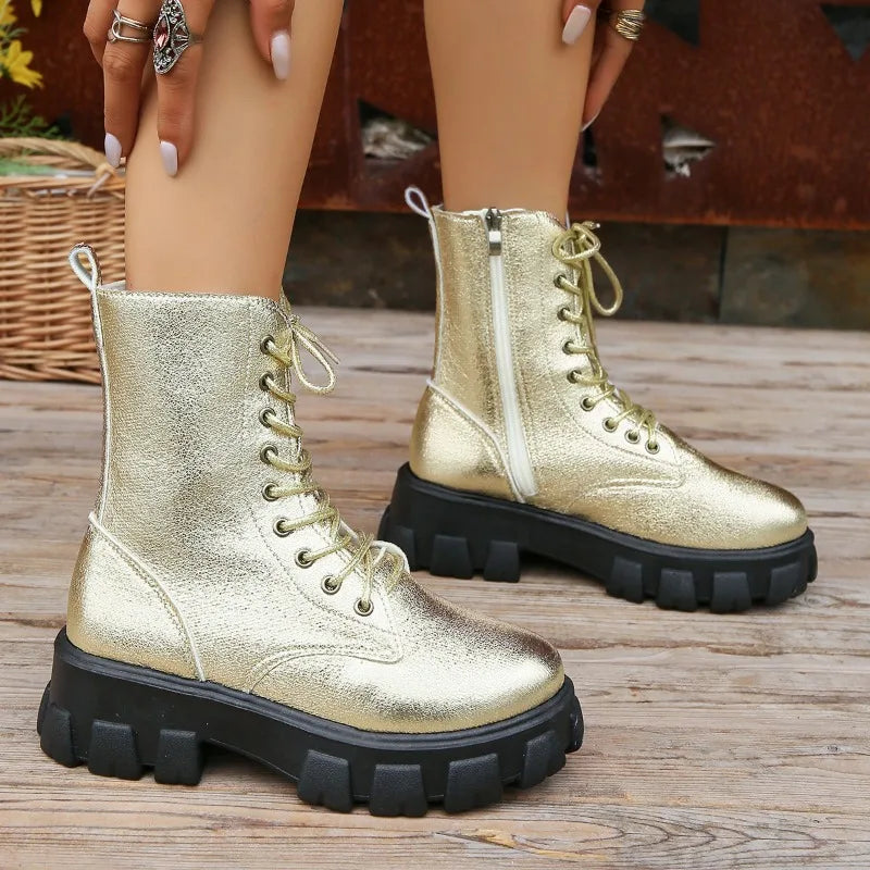 2024 Winter Gold Crystal Ankle Boots – Women's Gothic Thick Sole Motorcycle Boots, Luxury Metallic Punk Shoes