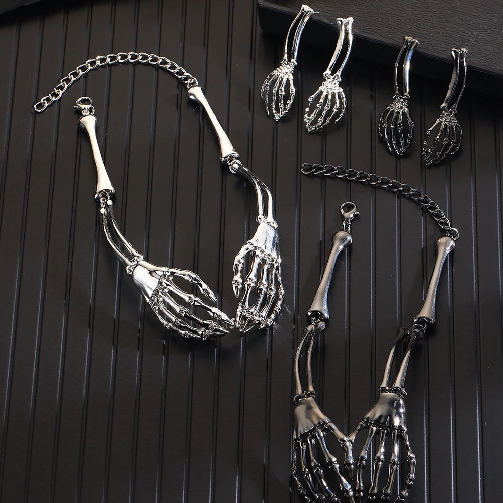 2024 Halloween Jewelry Set - Gothic Punk Metal Skeleton Hand Necklace and Earring Set for Women