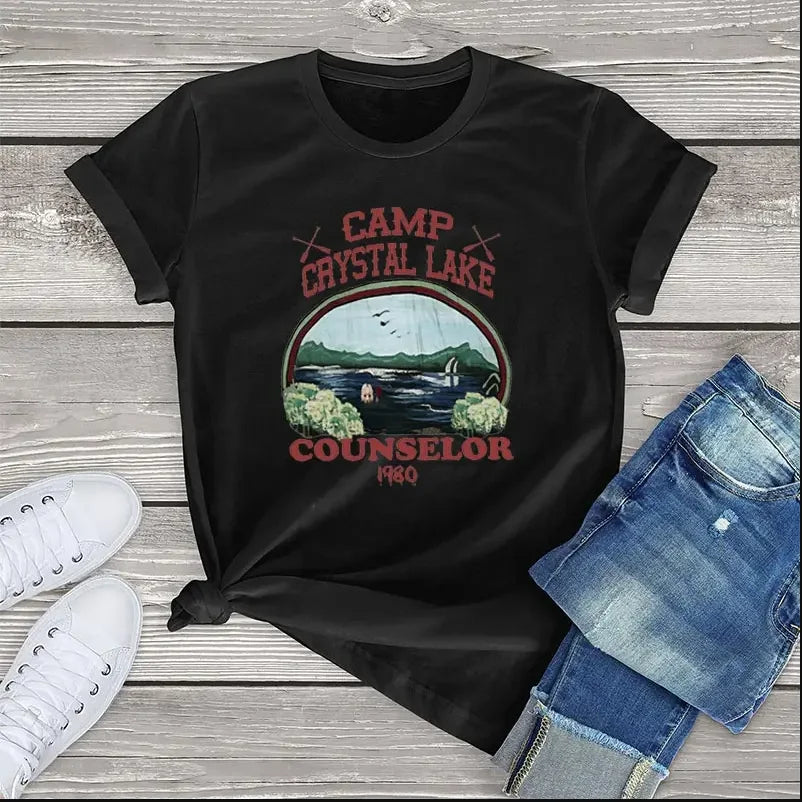 Camp Crystal Lake Counselor Vintage T-Shirt - Unisex Horror Graphic Tee, Women’s Cotton Oversized Short Sleeve