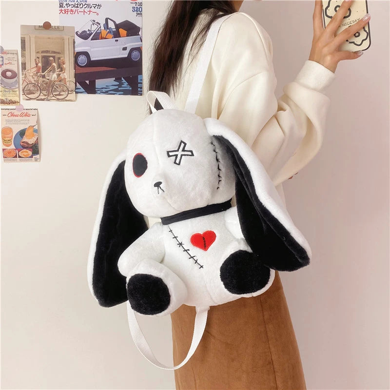 Kawaii Gothic Plush Rabbit Backpack - Cute Stuffed Animal Purse, Nightmare Before Christmas Aesthetic Bunny Doll Bag