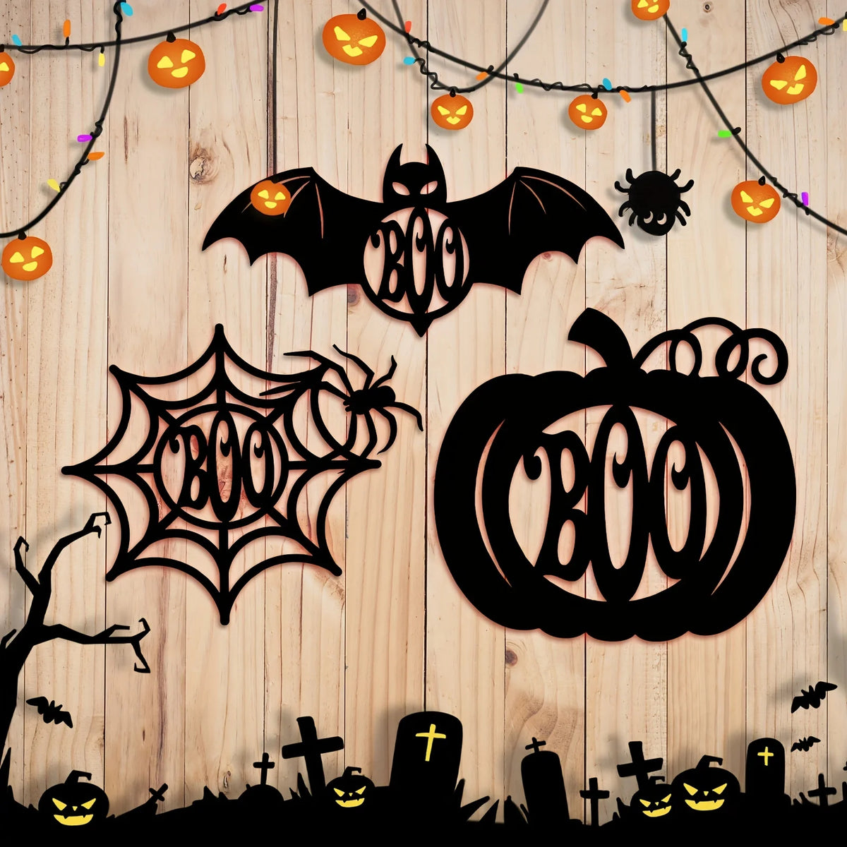 1PC Decorative Halloween Metal Wall Decor Pumpkins Bat Spider Web Boo Art Wall Pediment Wall Plaque for Door Home Window Kitchen