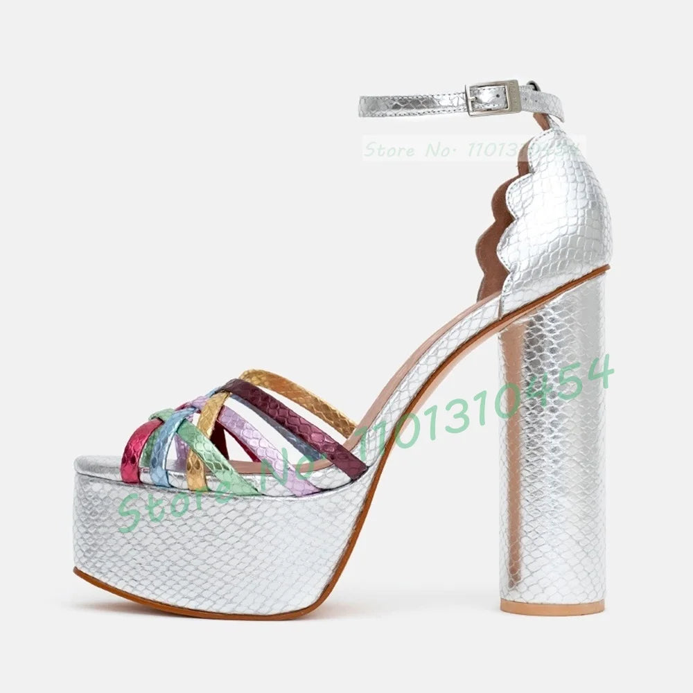 Colorful Metallic Platform Sandals – Women's Shining Rainbow Splicing, Round Tip High Block Heels, Luxury Summer Party Shoes