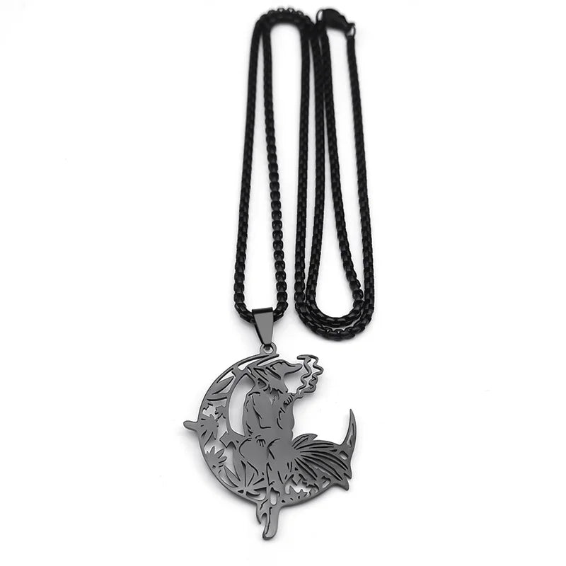 Gothic Black Hat Witch Smoking Pendant Necklace | Stainless Steel Punk Moon Leaf Chain Jewelry for Women/Men