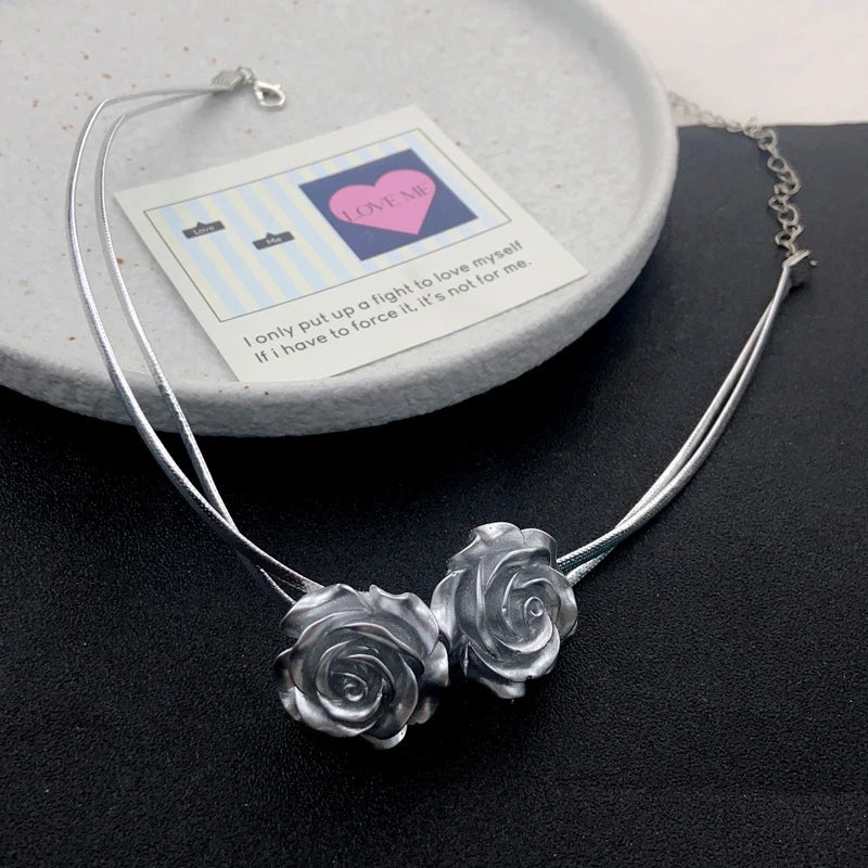 Trendy Silver Rose Flower Pendant: Double Layer Choker Y2K Necklace, Temperament Jewelry for Women