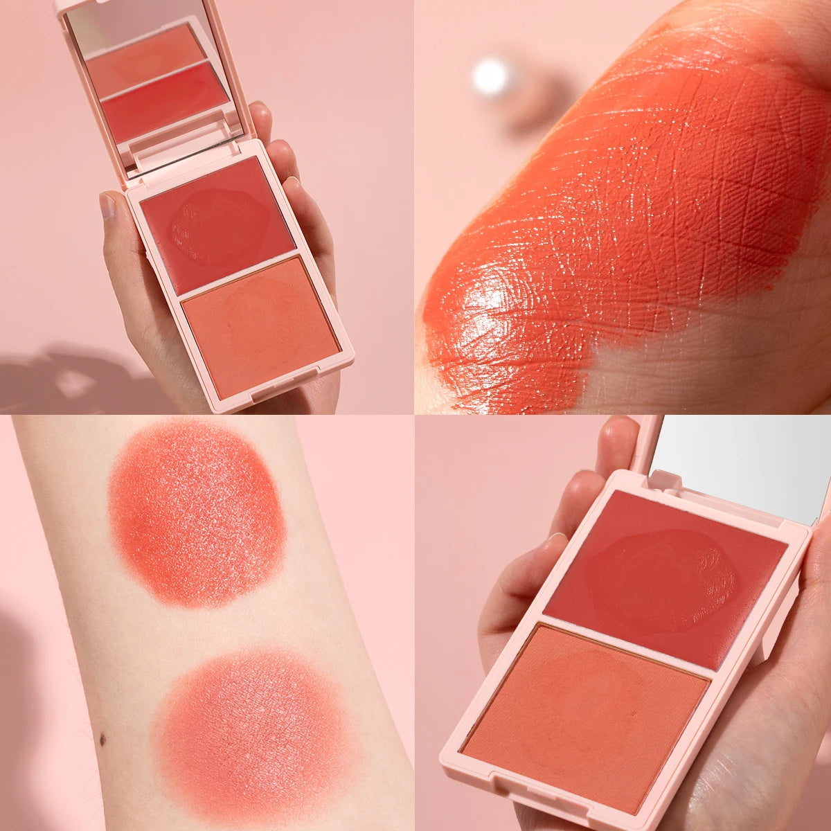 Creme & Powder Blush Duo – Long-Wearing Matte & Dewy Finish, High-Pigment Pink, Candy Peach, Vibrant Orange-Red Palette