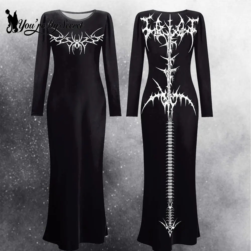 [You're My Secret] Goth Punk Women Dress Halloween Witch Cosplay Costume Adult Long Sleeved Dress Girl Scar Print Fancy Clothing