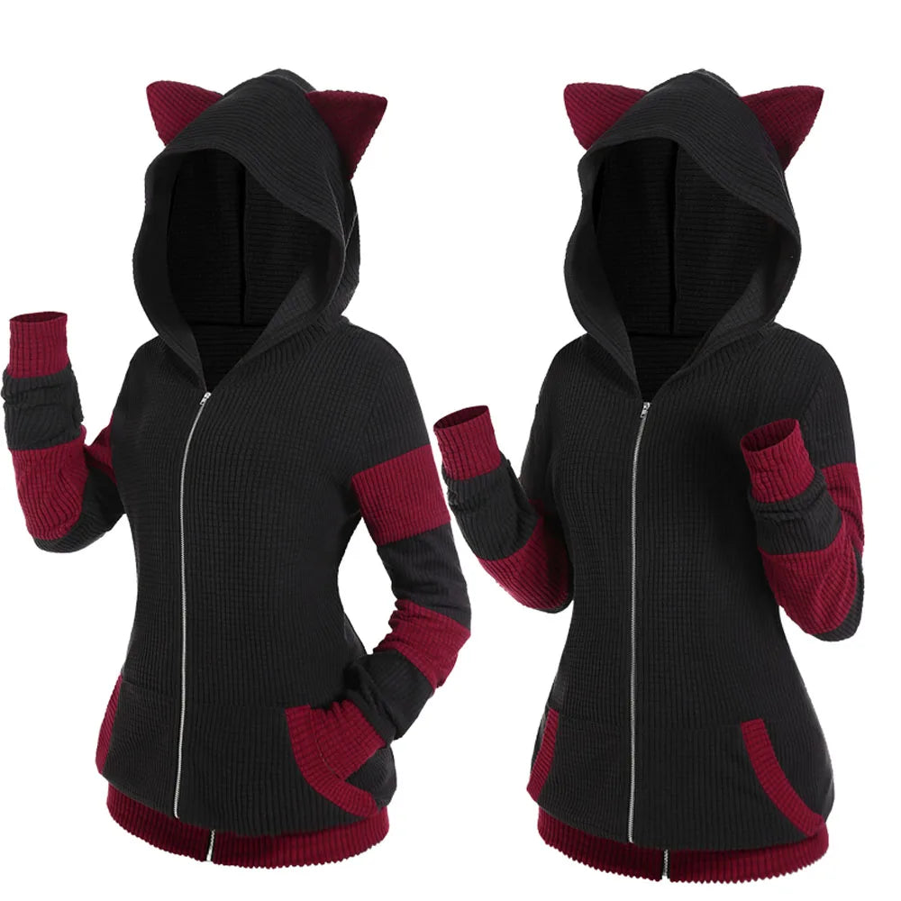 ROSEGAL Cute Colorblock Cat Ear Hooded Jacket - Warm Long Sleeve Zipper Coat, Fall/Winter Outerwear for Women