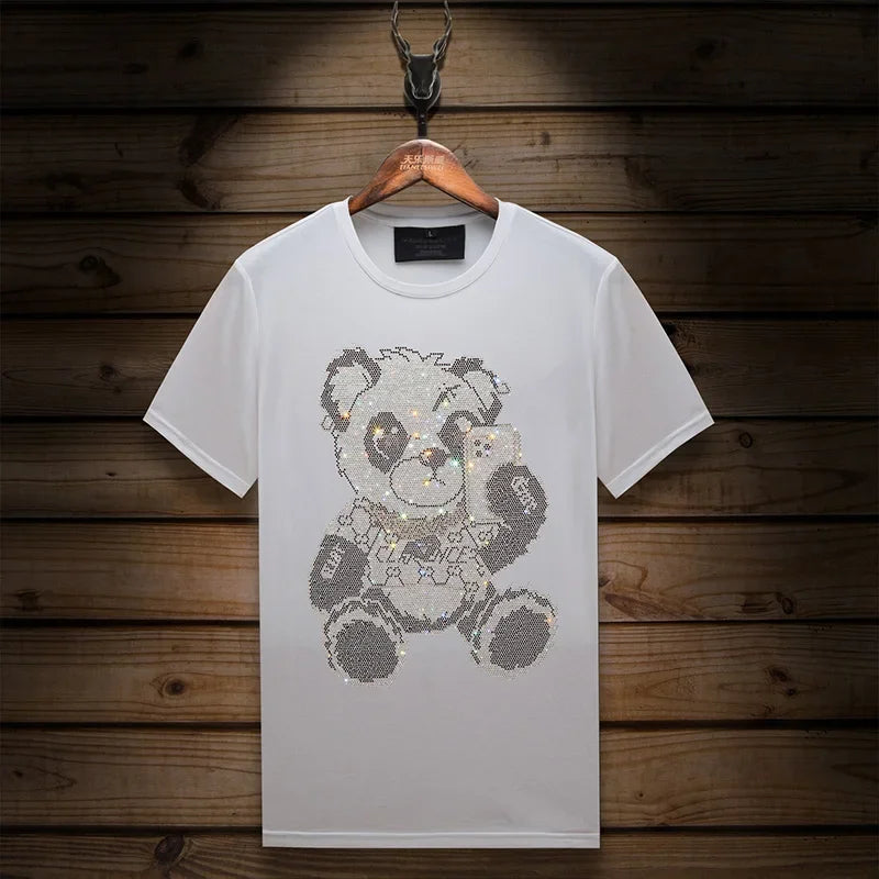 2024 Bear Rhinestone Cartoon T-Shirts - Men's High Quality Short Sleeve Fashion Streetwear, Casual Crew Neck Slim T-Shirt