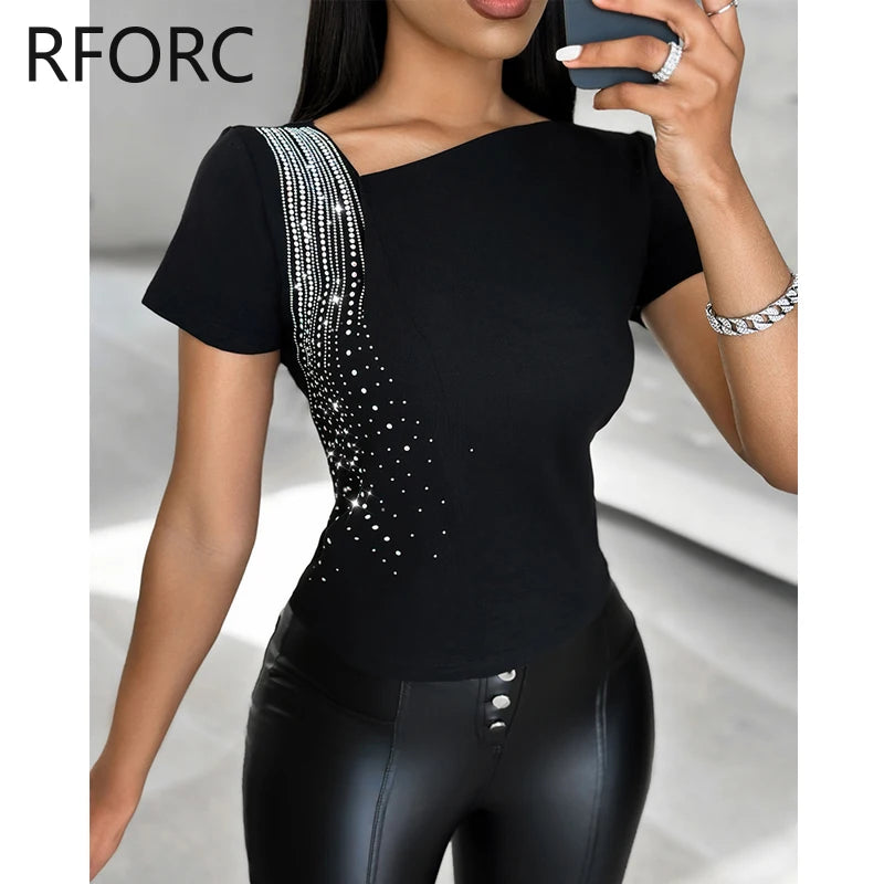 2024 Women Short Sleeves Rhinestone Decoration Summer Basic Blouse Top