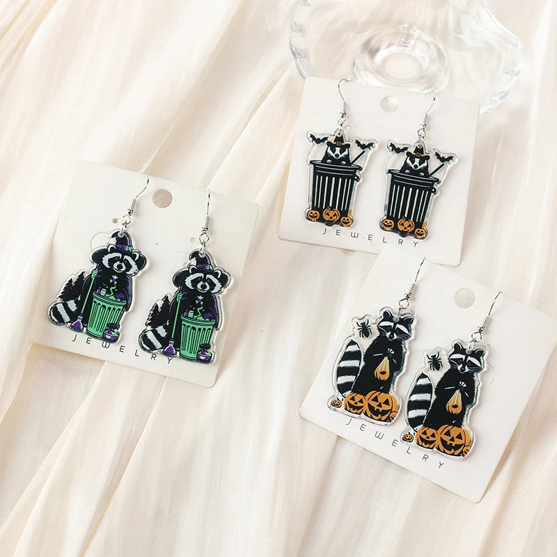 Halloween Raccoon Drop Earrings – Fun Fashion Acrylic Jewelry for Women, Perfect Gift