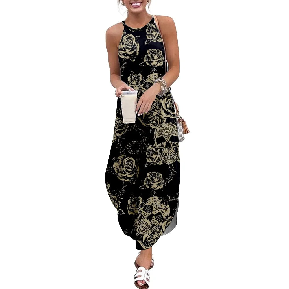 Floral Skull Print Women's Casual Short Sleeve Camisole Dress - Loose Long Double Pocket Beach Resort Dress