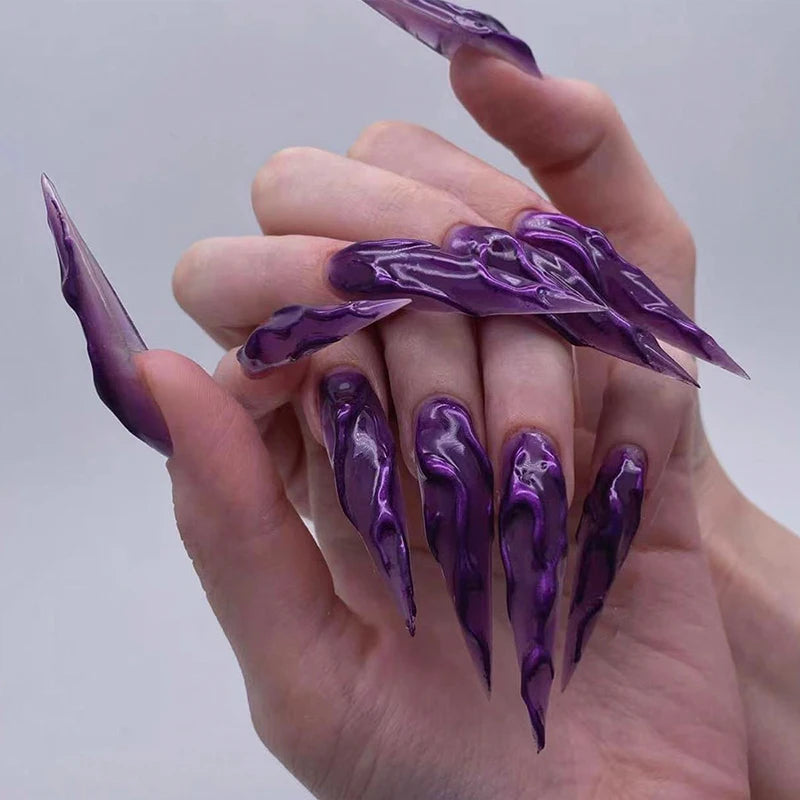 24Pcs Halloween Purple Magic Mirror Powder Press-On Nails – 3D Long Pointed Stiletto False Nails