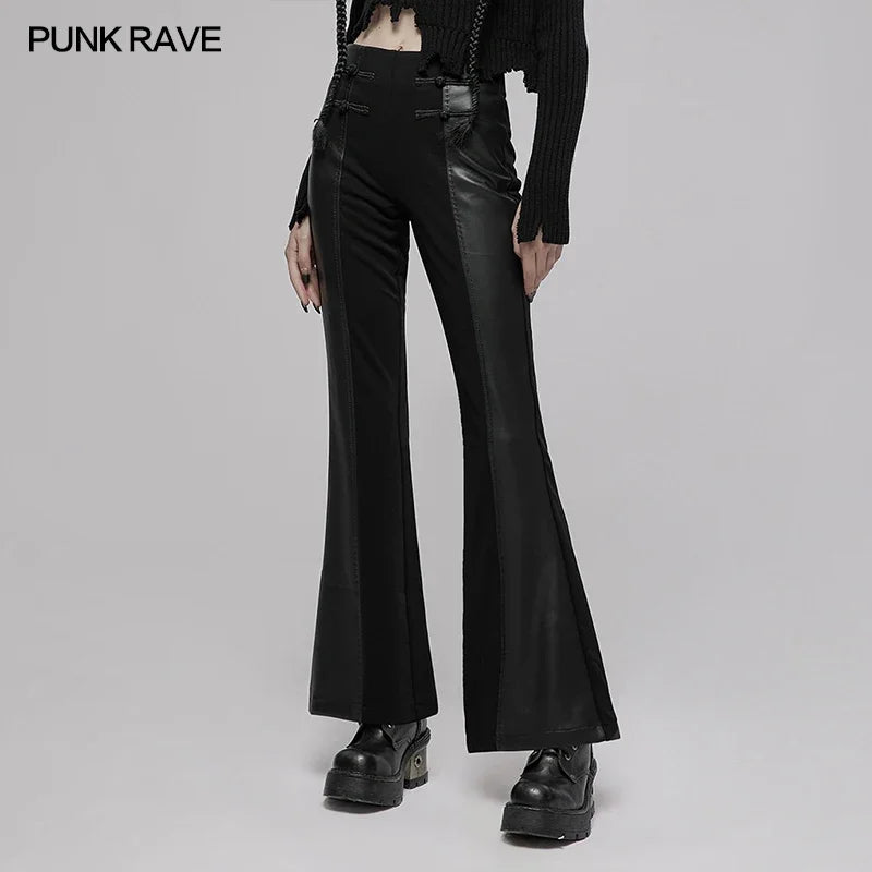 PUNK RAVE Women's Chinese Style High-Waist Flared Pants - PU Spliced Elastic Knitted Trousers for Spring/Autumn, Fashionable and Unique