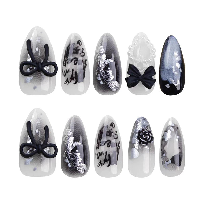 24Pcs Black Bow Press On Nails – Pearl, Heart, and Star Design, Gradient Almond Shaped Fake Nails with Letter Accents for Women & Girls