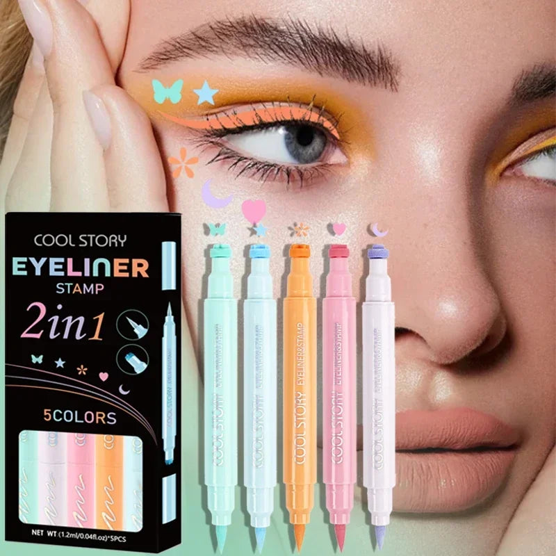 2-in-1 Pastel Stamp Eyeliner Pen Set – Matte Liquid Eye Liner with Heart, Butterfly, Star, Moon, and Flower Stamps for Creative Makeup