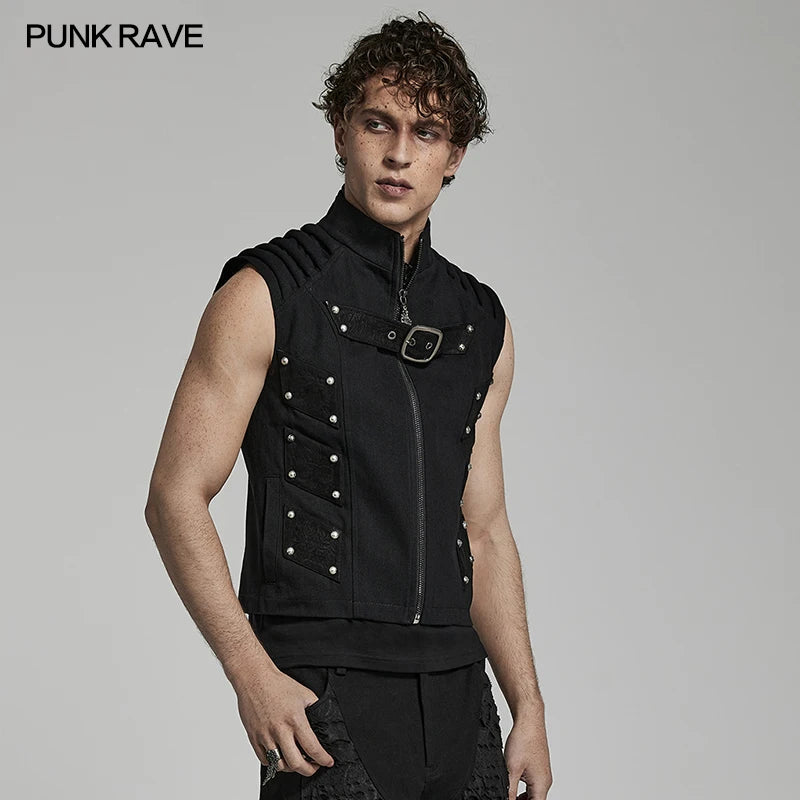 PUNK RAVE Men's Doomsday Punk Rivets Decoration Vest Daily Handsome Cool Personality Casual Tops Black Spring/summer