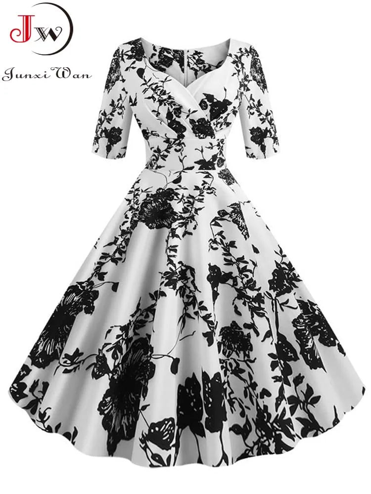 Half Sleeve Black Summer Women Dress | Floral Print Vintage Party Dresses | Robe Casual Retro A-Line