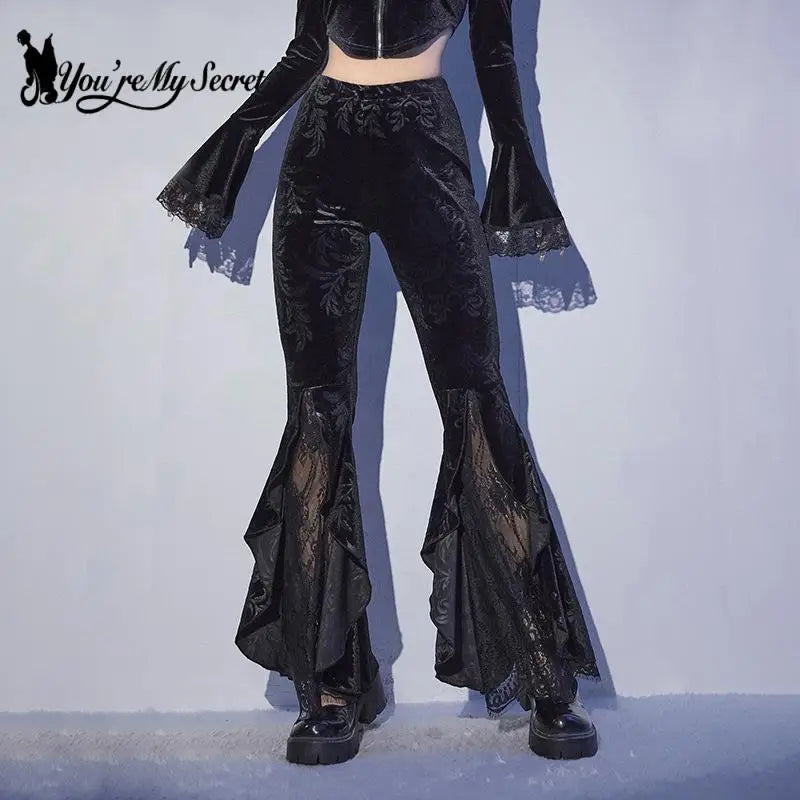 [You're My Secret] Women Pant Gothic Black Velvet Flare Pants Sexy Hollow Out Lace Patchwork Slim High Waist Retro Bell Bottom