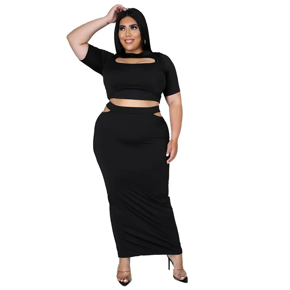 Plus Size Two-Piece Skirt Set – Hollow Out Short Sleeve T-Shirt and Bodycon Skirt, Women's Clubwear