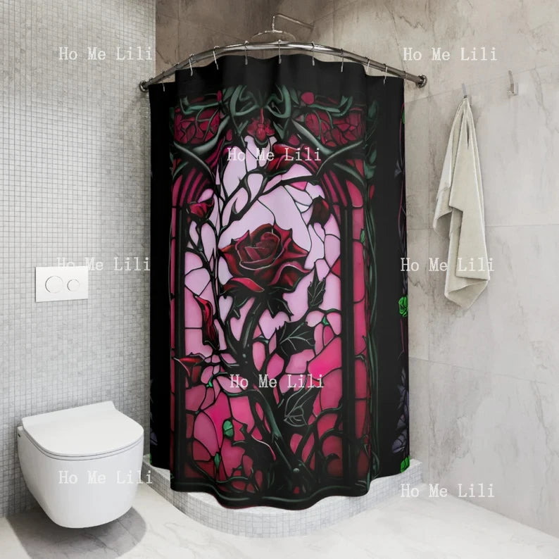 Gothic Stained Glass Rose Shower Curtain - Halloween Spooky Decor for a Haunted Bathroom