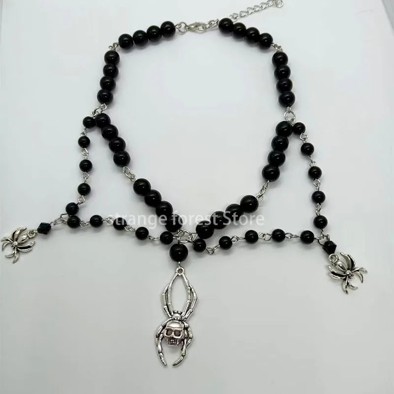 Black Gothic Necklace Spider Skull Necklace Rosary Style Grunge Necklace