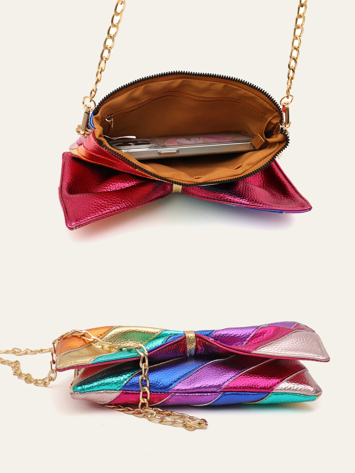 Luxury Metallic Vegan Leather Handbag - Colorful Stripes Patchwork PU Bow Knot Clutch with Chain, Funky Y2K Style