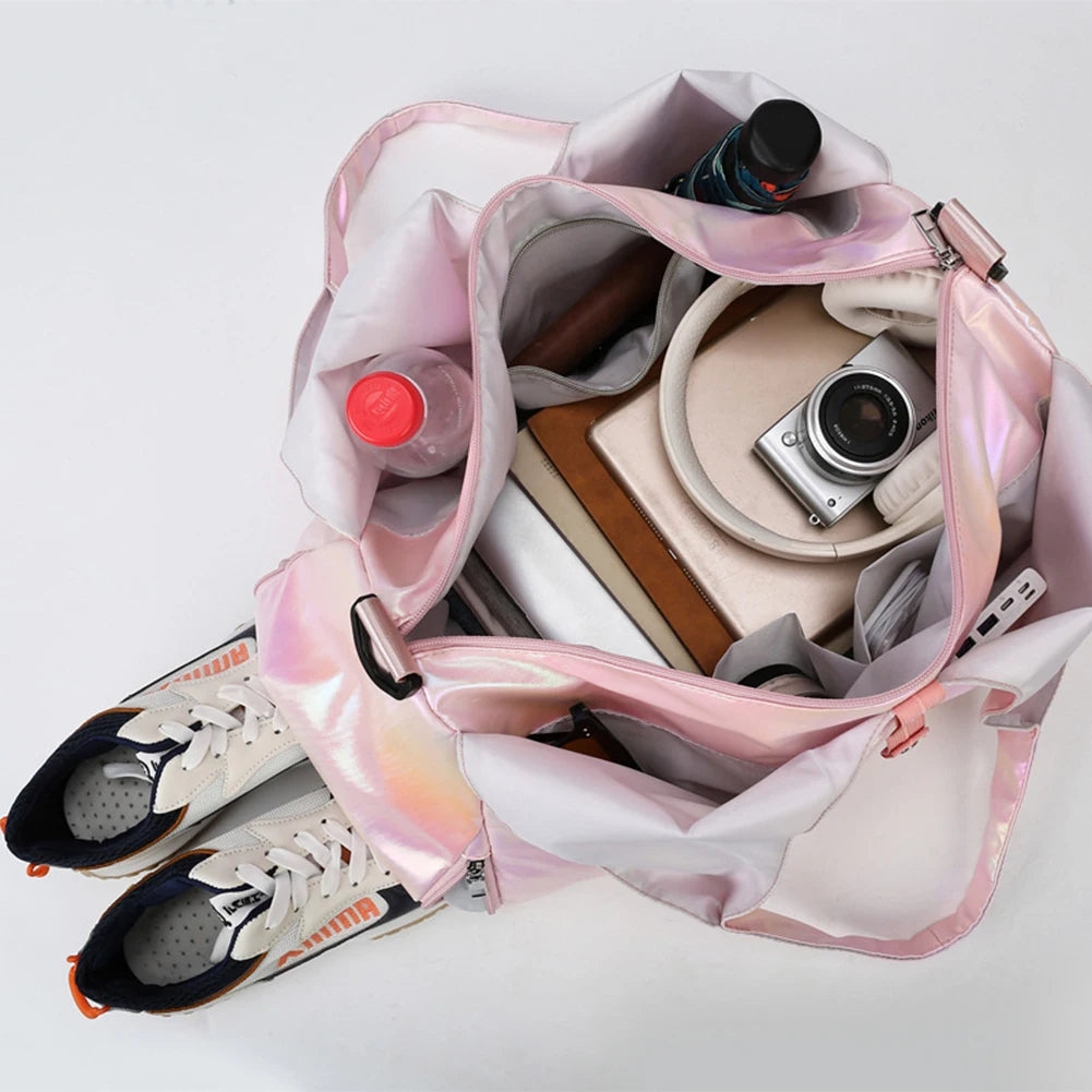 Fashion Female Yoga Sports Bag - Pearlescent Handbag with Shoe Storage, Large Capacity Waterproof Travel Dance Tote Crossbody