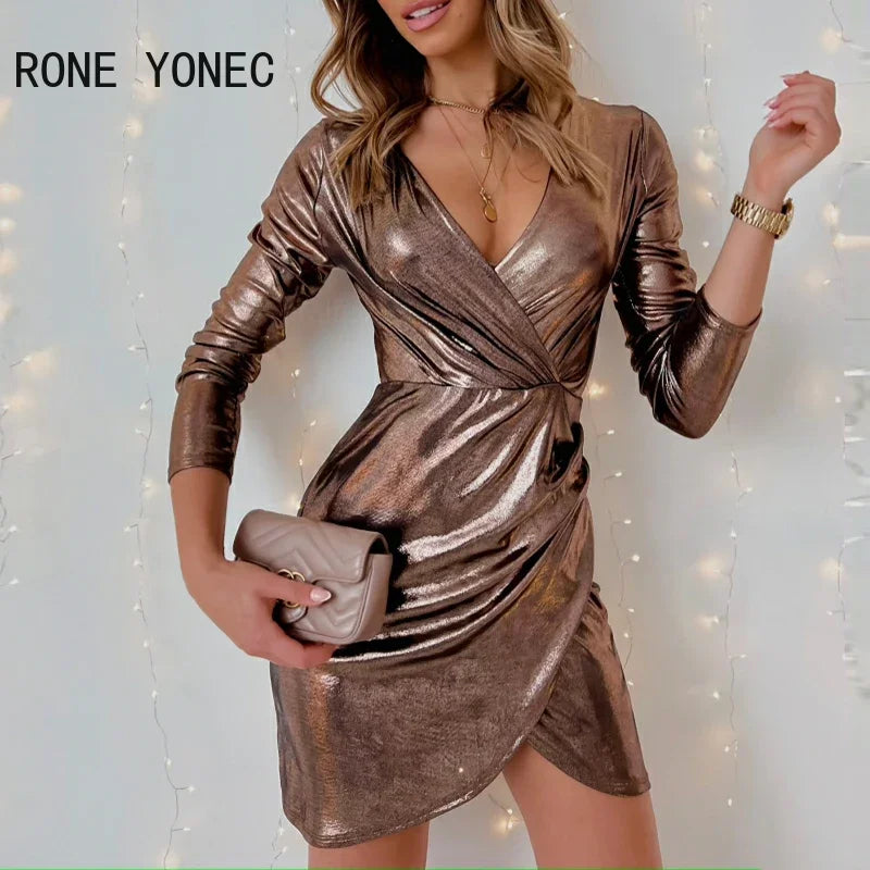 Women's Sexy Deep V Neck Wrap Party Mini Dress - Long Sleeve Solid Color