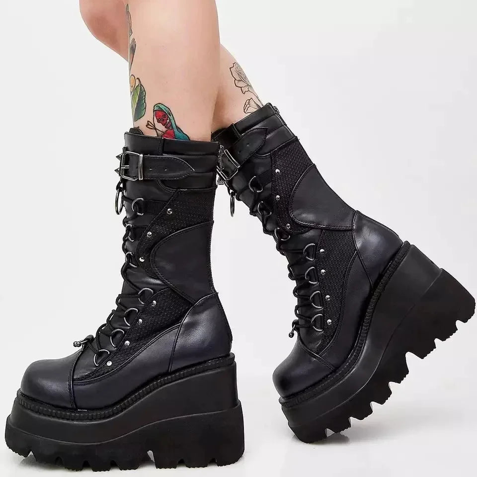 Brand New Ladies Goth Platform Boots - Fashion Rivet Buckle Punk Wedges High Heels Women's Boots for Party Street Cosplay, Woman Shoes