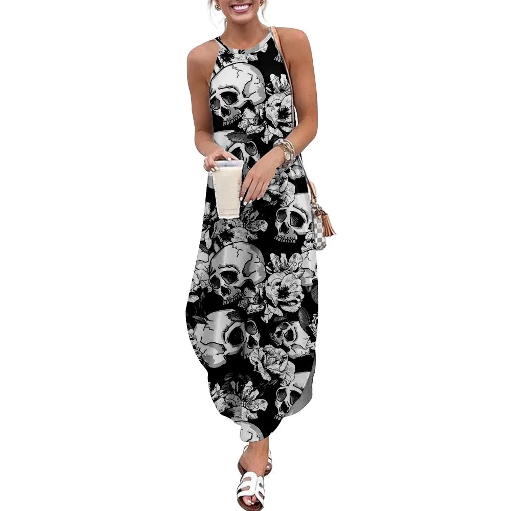 Floral Skull Print Women's Casual Short Sleeve Camisole Dress - Loose Long Double Pocket Beach Resort Dress