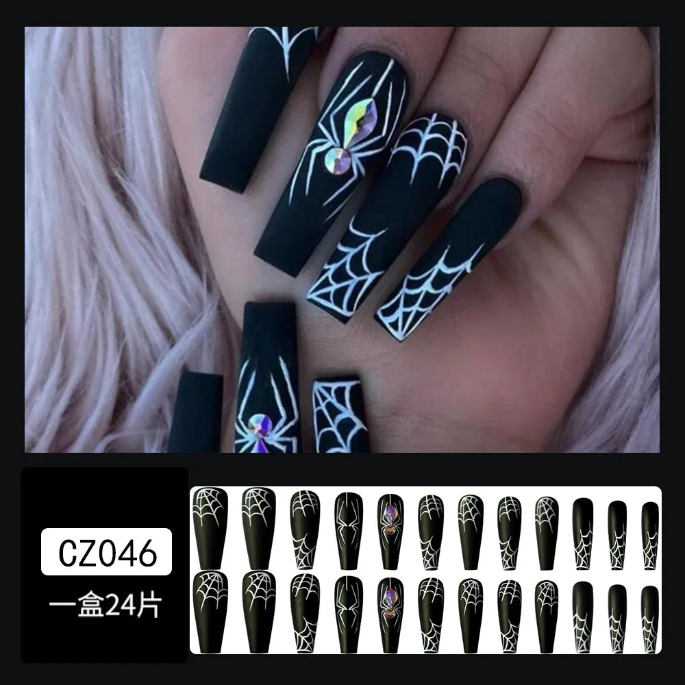 24pcs Halloween Spider Web Press-On Nails - Long Ballet Style with Diamond Accents, Removable False Nail Art