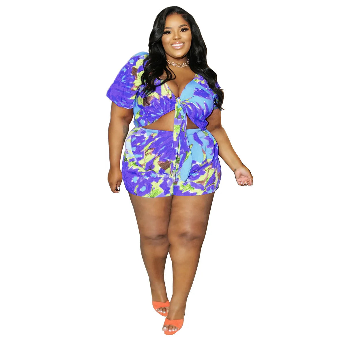 SOMO 4XL Summer Sexy Lace-Up Outfit – Plus Size Fashion Printed Shorts Two-Piece Set for Women