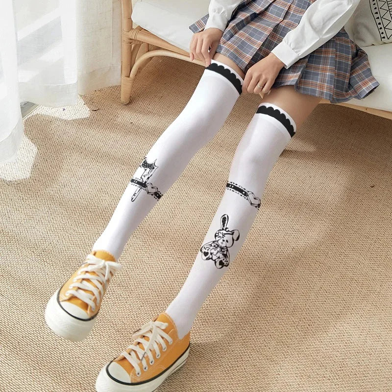 Japanese Cartoon Knee Stockings For Women Bow Candy Rabbit Pink Girl Long Tube Sexy Cute Sweet Lolita Thigh Stockings Cosplay