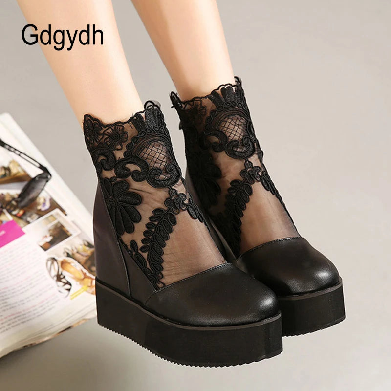 Gdgydh Fashion Vintage Embroider Lace Roman Wedge Boots For Women Height Increasing Platform Ankle Boots White Silver Breathable