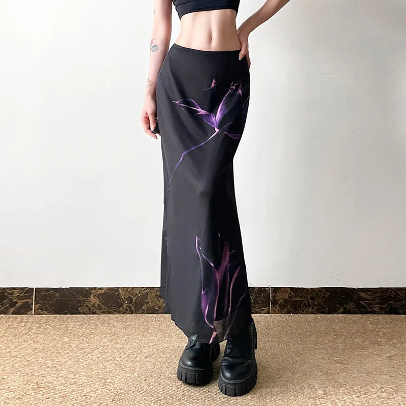 Goth Dark Mesh Double Layered Fishtail Skirt – Fairy Print Y2K Gothic Slim Streetwear for Women