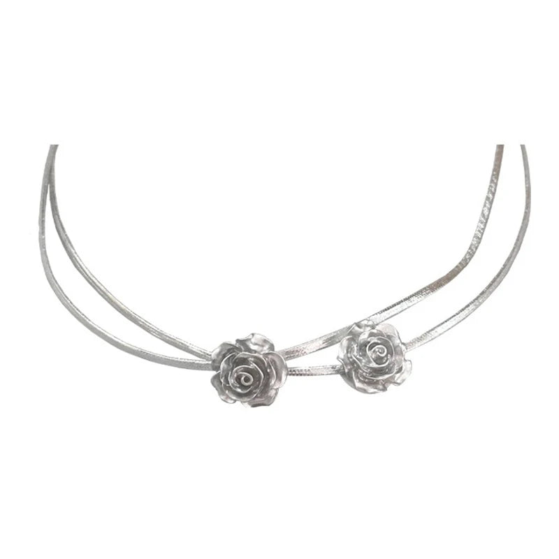 Trendy Silver Rose Flower Pendant: Double Layer Choker Y2K Necklace, Temperament Jewelry for Women