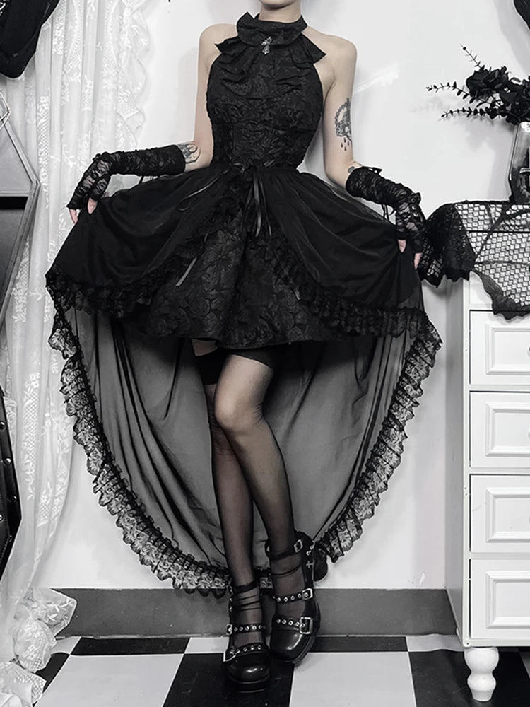 InsGoth Mesh Lace Trailing Decorative Skirt Women’s Emo Goth Punk Halter Victorian Dress