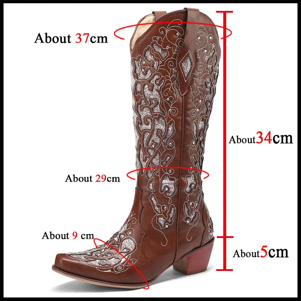 Bling Crystals Retro Western Cowboy Knee-high Boots for Women 2023, Embroidered Floral Cowgirl Shoes