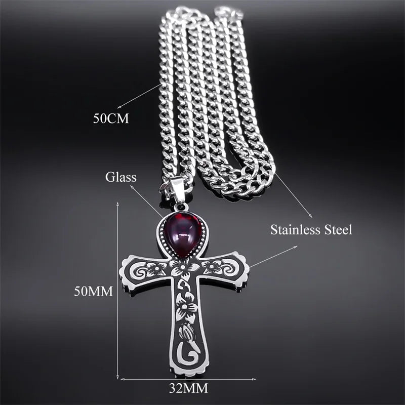 Goth Flower Egyptian Ankh Cross Pendant Necklace - Stainless Steel with Water Drop Red Glass, Jewelry Gift