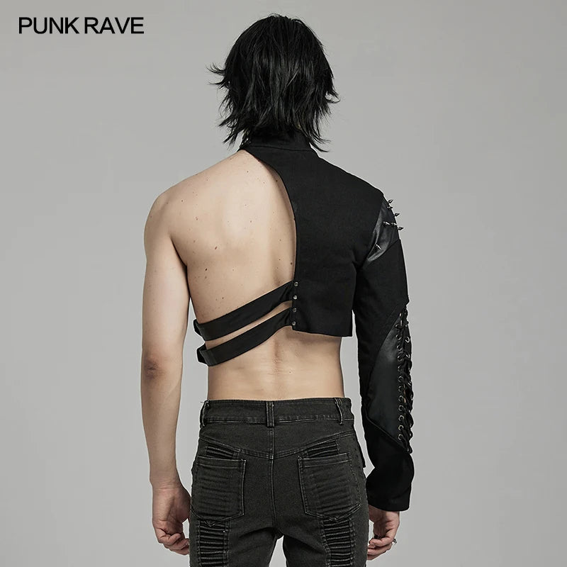 PUNK RAVE Men's Punk Asymmetric One Sleeve Arm Harness Hollow Out Drawstring Design Accessories Men Black Jacket