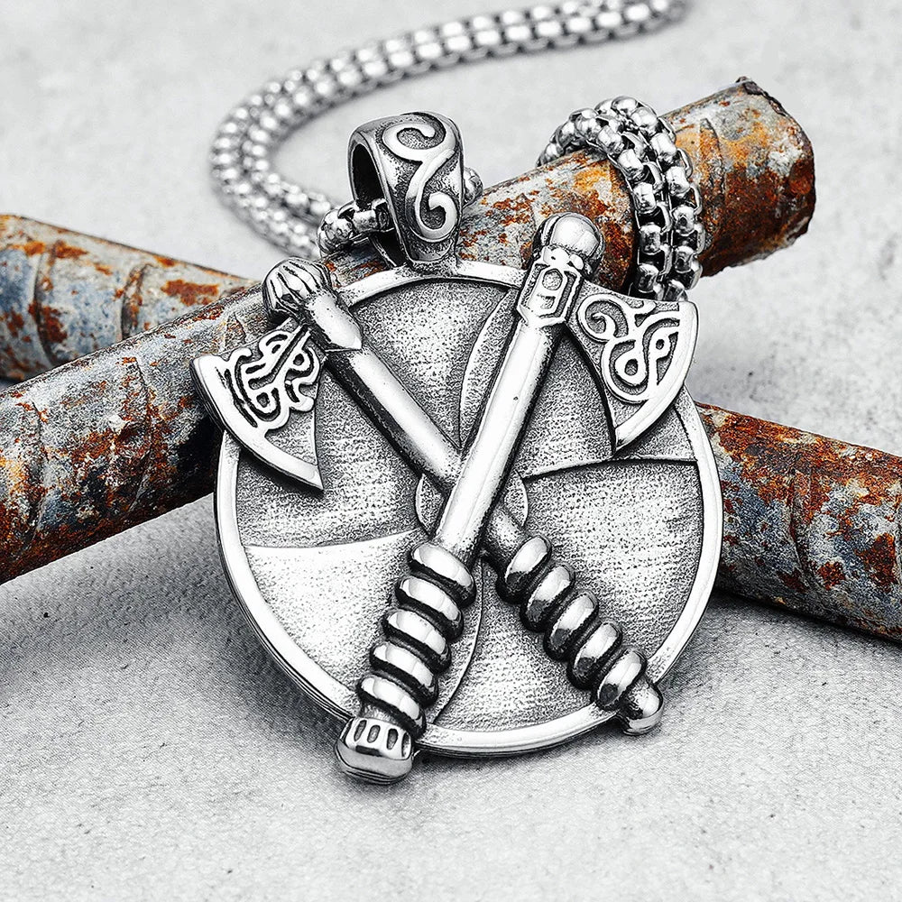 Viking AXE Shield Pendant Men Rock Necklace Stainless Steel Nordic Tomahawk Chain Punk Rap for Boyfriend Male Jewelry Best Gift