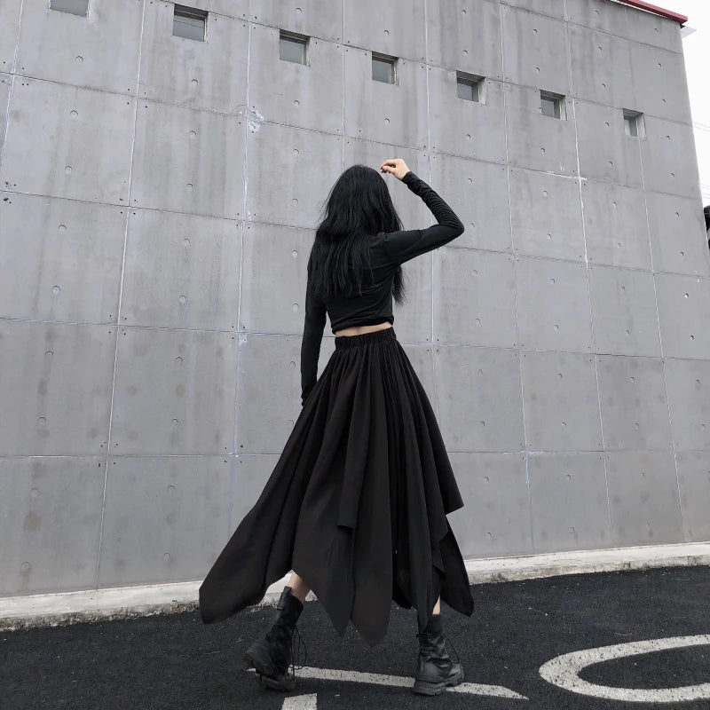 Gothic Black Irregular High Waist Skirt – Dark Punk Harajuku Vintage Mid-Calf Korean Skirt