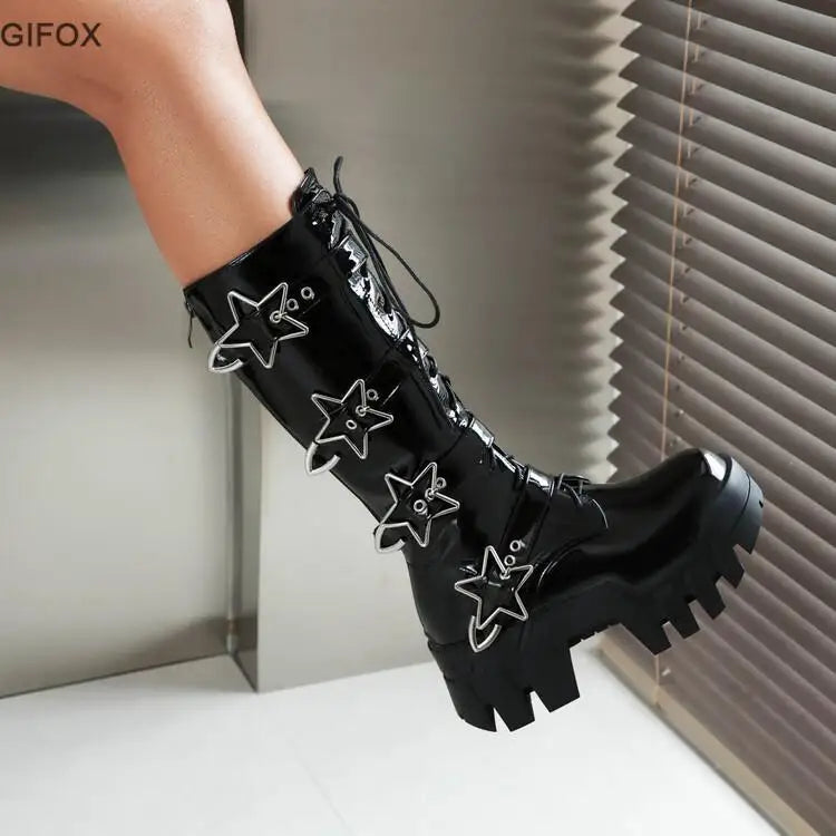 GIGIFOX Platform Wedges Knee High Boots for Women | Chunky Heel Fashion Punk Motorcycle Boots | Goth Gothic New Rock Shoes for Winter