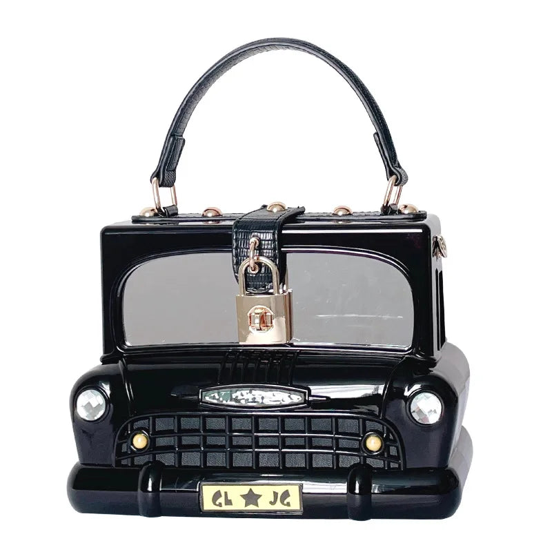 Black Car Shape Evening Bag Acrylic Box Style Top Handle Purse Women Shoulder Crossbody Handbag Wedding Party Clutch For Ladies