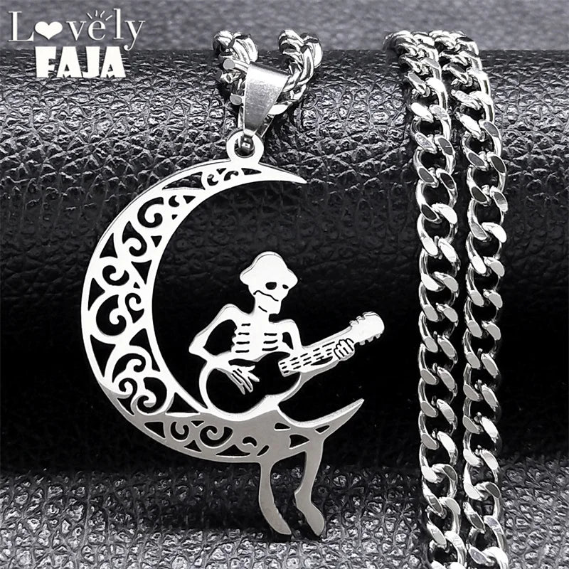 Moon Crescent Skeleton Skull Guitar Necklace – Stainless Steel Silver Jewelry for Women