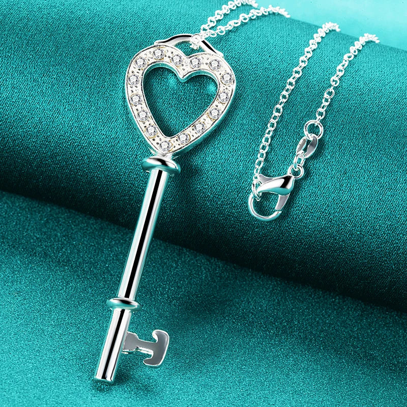 DOTEFFIL 925 Sterling Silver Heart Key Pendant Necklace with AAA Zircon - 18-30 Inch Chain, Fashion Wedding Engagement Jewelry for Women