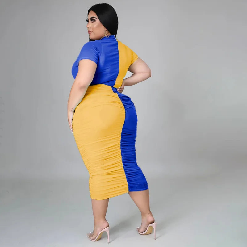 Plus Size Women's Clothing: Rouched Summer Outfits with Short Sleeve Crop Top and Midi Skirt Two-Piece Set