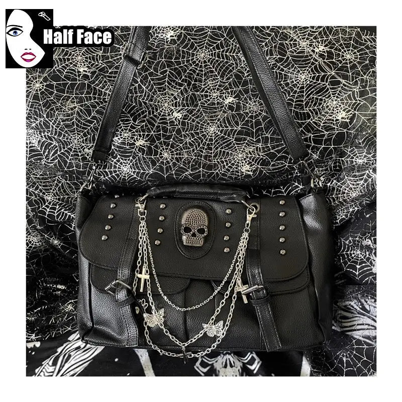 Y2K Harajuku Gothic Punk Skeleton Head Chain Crossbody Bag - Spicy Girls Locomotive Subculture Lolita Tote