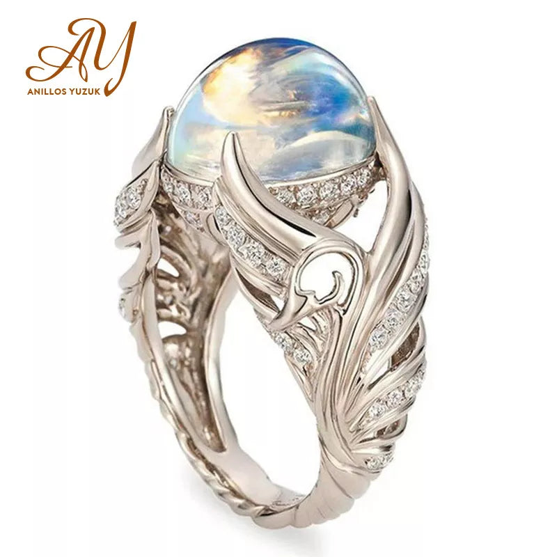 Vintage Colorful Big Circular Cut Ring with Angel Wings Moonstone - Silver Hot Jewelry Ring for Women by Anillos Yuzuk